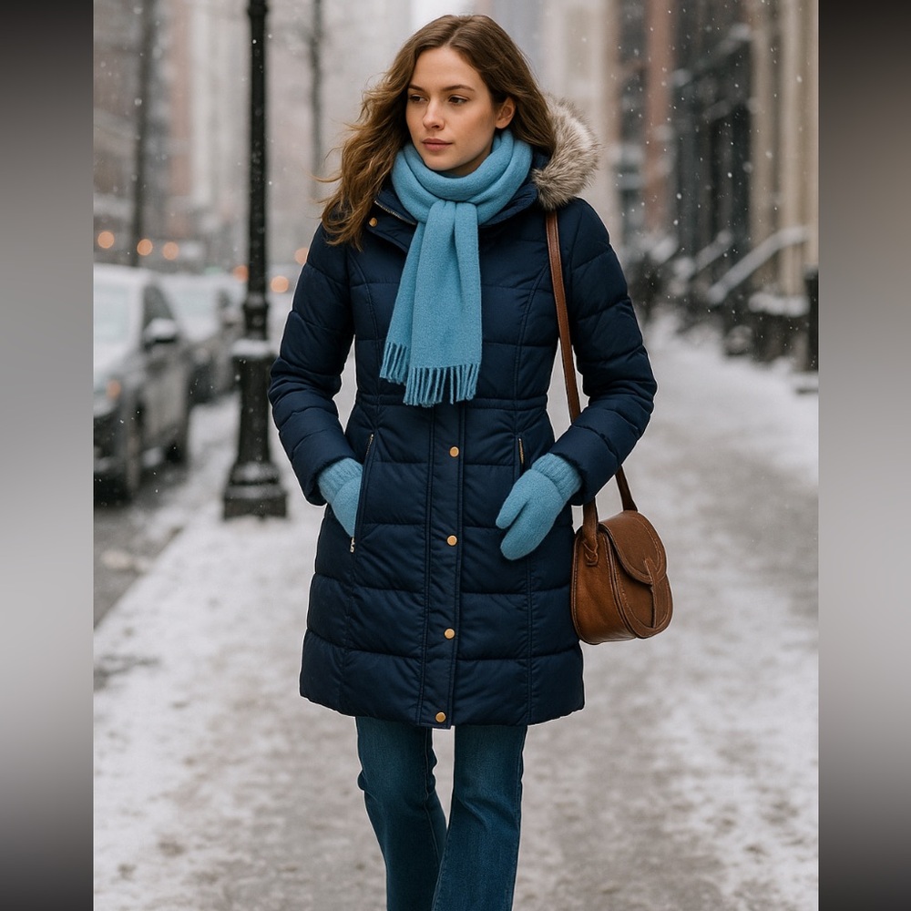 London Fog Navy Down Puffer Coat with Faux Fur Hood pit to pit - 20”